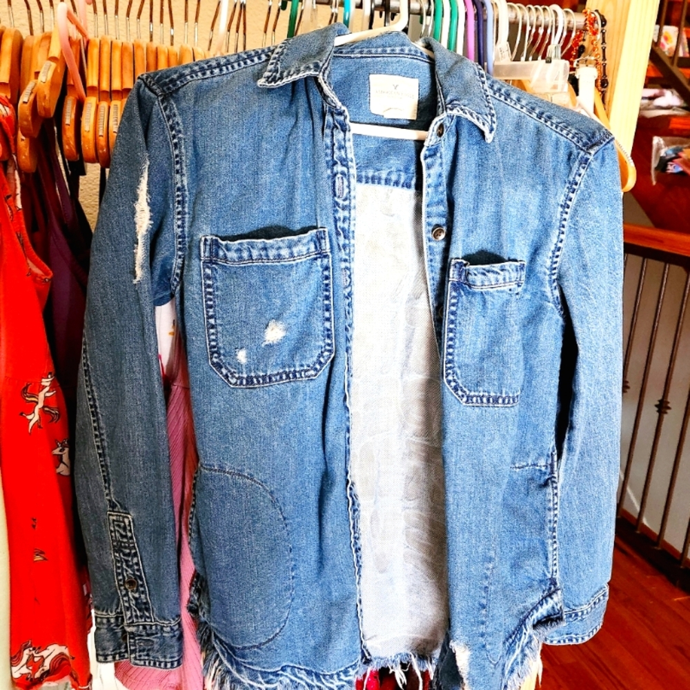 American Eagle 'You Are The Best Thing Ever' Denim Shirt: Size XXS - Picture 2 of 3